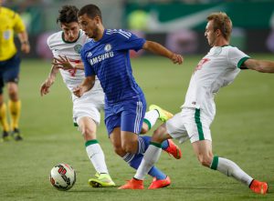Budapest, Hungary - August 10, 2014: Michal Nalepa (l) of FTC and Eden Hazard of Chelsea during Ferencvaros vs. Chelsea stadium opening football match at Groupama Arena on August 10, 2014 in Budapest, Hungary.